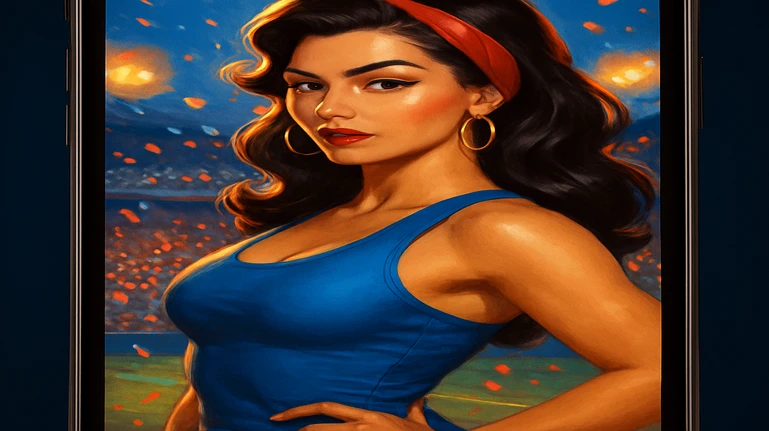একজন স্টাইলিশ নারী ক্রীড়া ভক্ত ট্যাটুসহ ভরা স্টেডিয়ামে উল্লাস করছেন, তার ছবিটি একটি স্মার্টফোনে ফ্রেম করা, cb444 অ্যাপ ব্যবহার করে খেলার ঠিক মাঝখানে থাকার গভীর নিমগ্নতা অনুভব হচ্ছে।