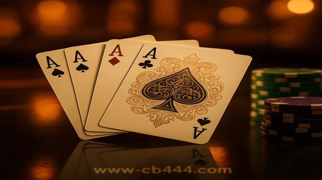 cb444-র কার্ড গেমস-এ বড় জয় পাওয়ার উত্তেজনা—টেবিলে তিনটি অ্যাস হাত ও পাশে সবুজ পোকার চিপসের স্তূপ, যা নিঃসন্দেহে জয়ী মুহূর্তের মুহূর্তকে চিত্রিত করে।